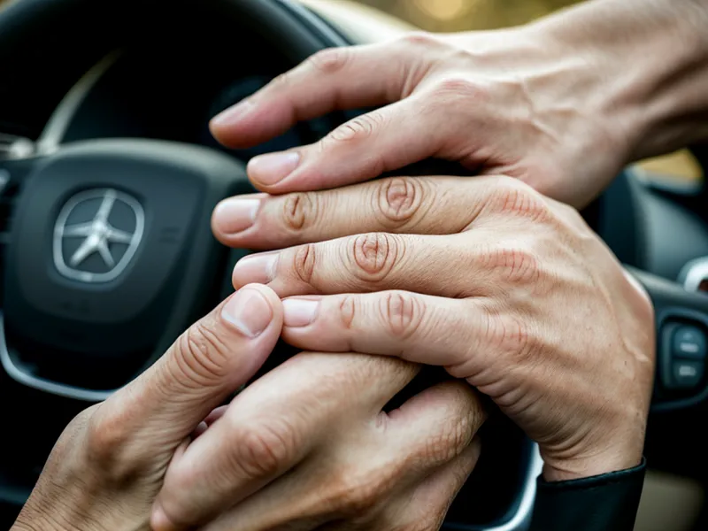Gros plan sur les mains d'un chauffeur qui desserre le volant pendant une pause active, un geste simple de gestion du stress et de bien-être au travail.