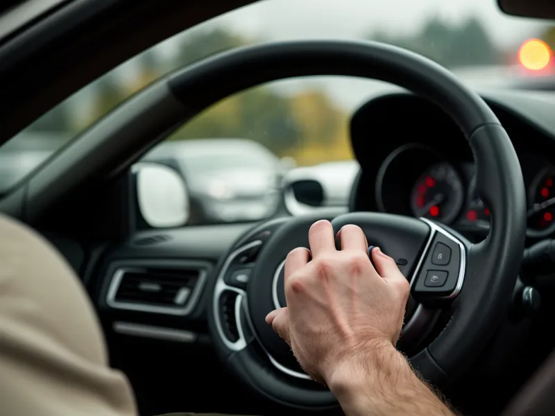 Pause d'hypno-relaxation dans la voiture sur une aire d'autoroute, sous la pluie, pour calmer le stress logistique avant de manger