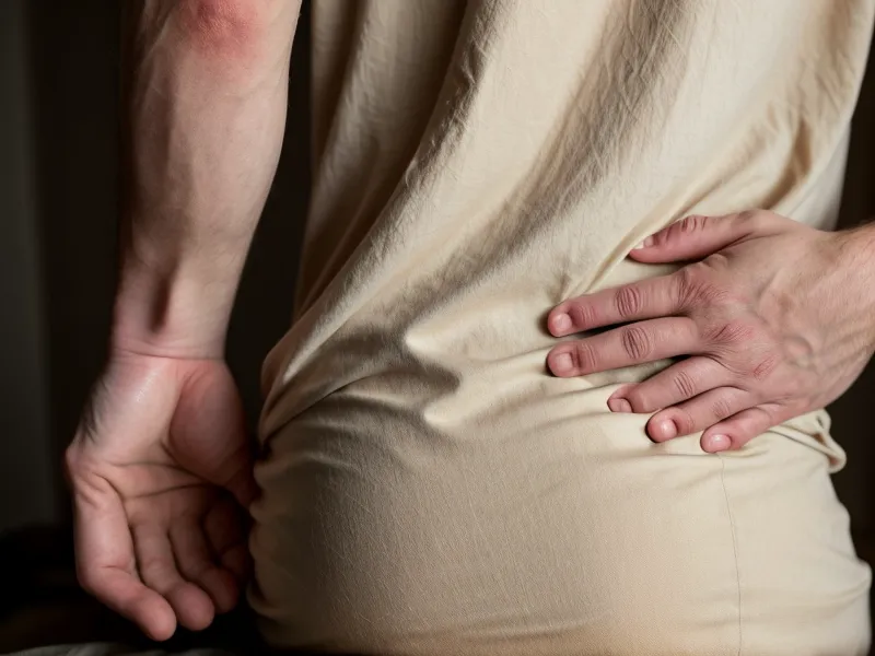 Gros plan d'une main posée sur le bas du dos, geste familier pour soulager un mal de dos lié au stress