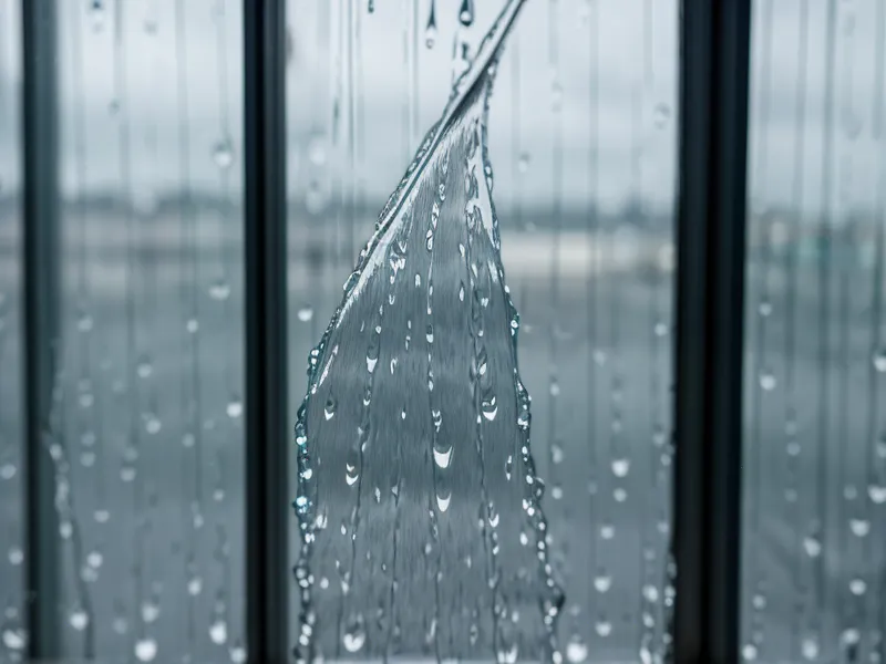 Conteneurs maritimes vus à travers une fenêtre de bureau sous la pluie, pendant une pause de gestion du bruit au travail